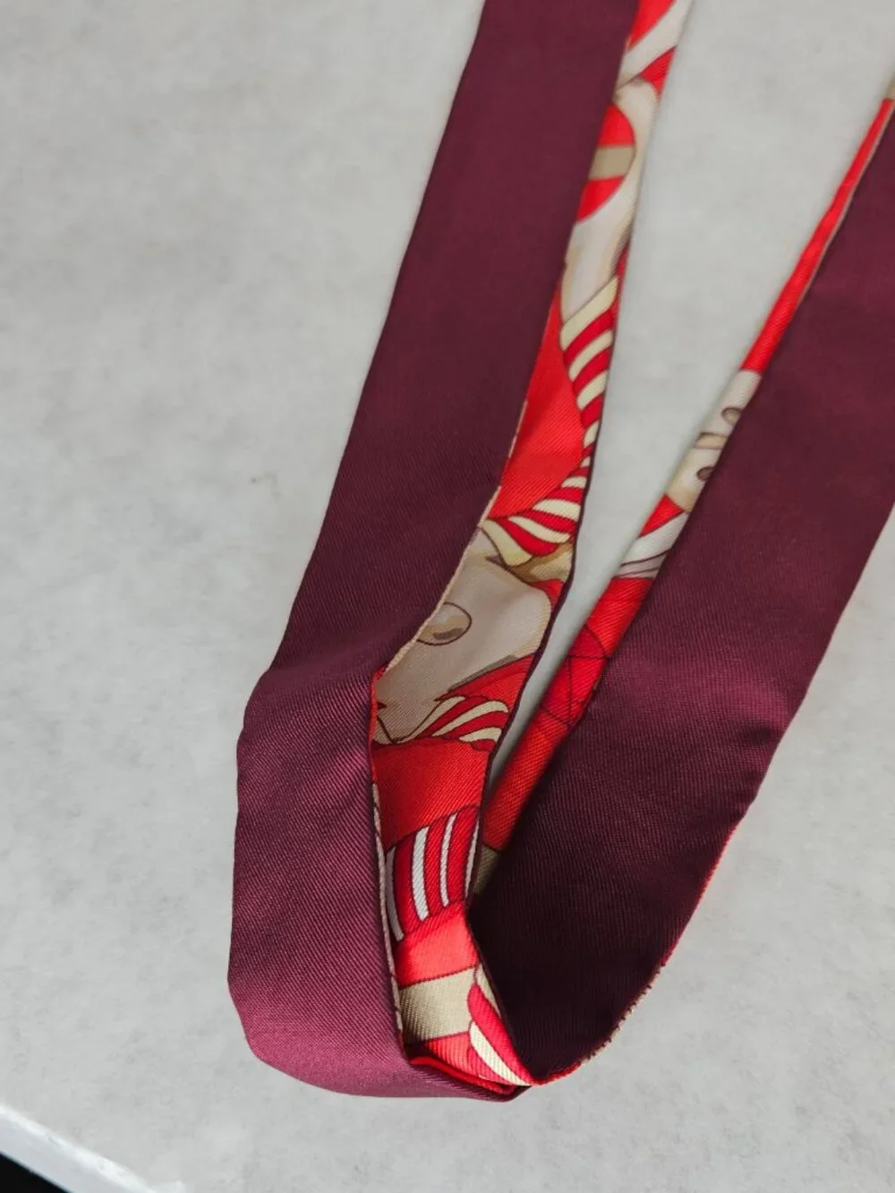 Authentic Hermes Red White Twilly Thin Silk Scarf with Box